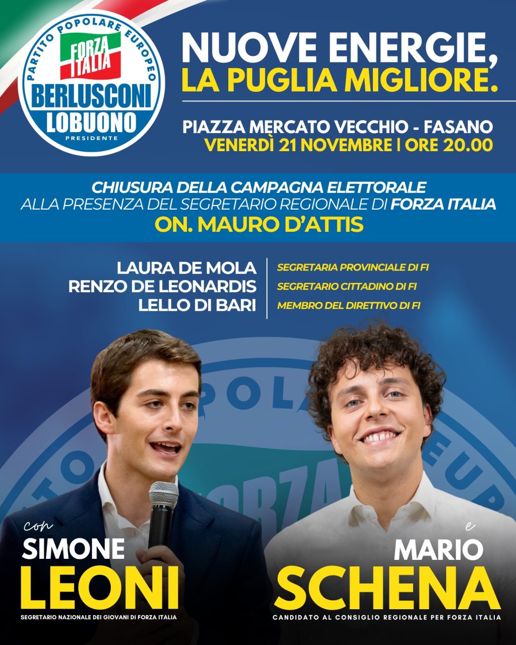 Simone Leoni a Fasano per Mario Schena: venerdì la chiusura della campagna elettorale