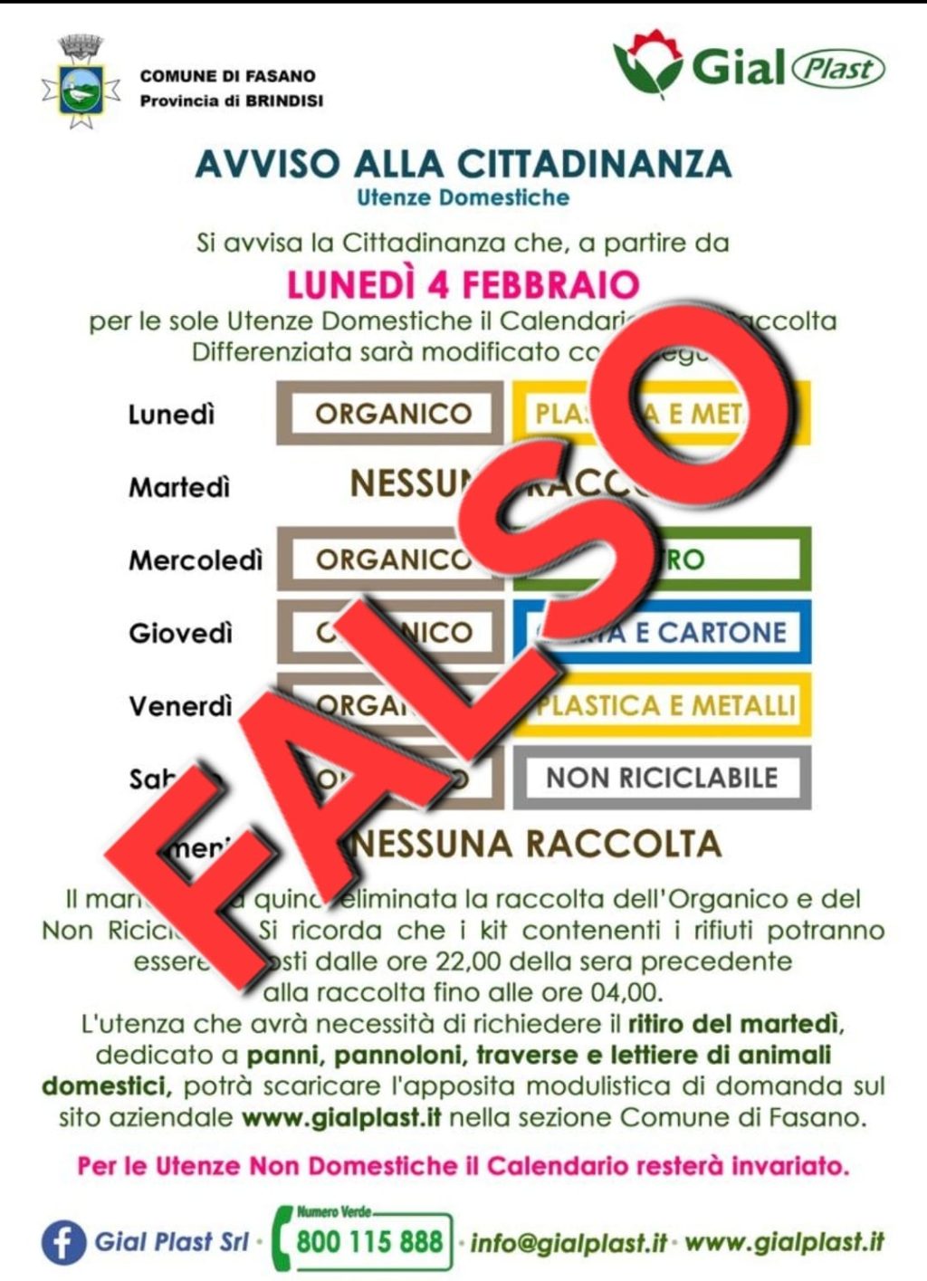 Attenzione: circola sul web un falso calendario della raccolta differenziata