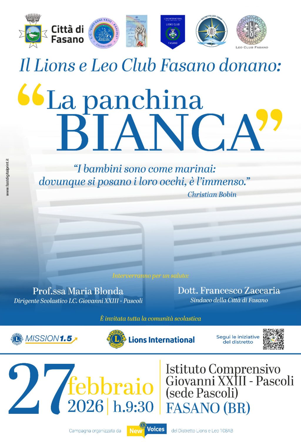 I Lions e i Leo di Fasano donano una panchina bianca alla “G. Pascoli”