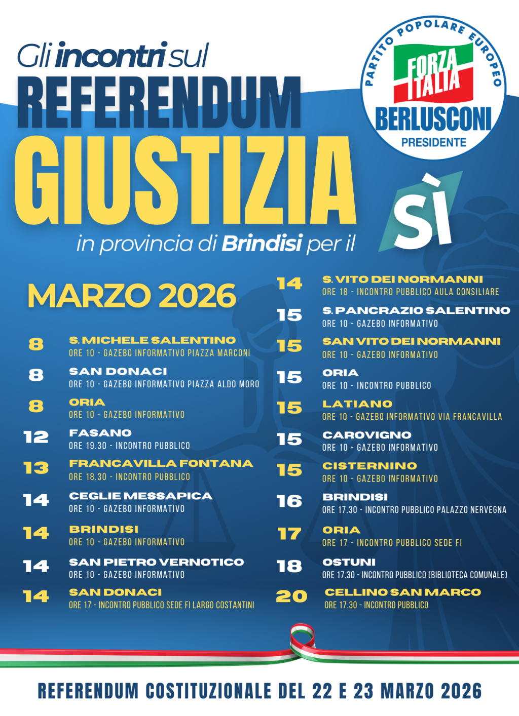 Referendum Giustizia, proseguono gli incontri informativi di Forza Italia in tutta la provincia di Brindisi per il Sì